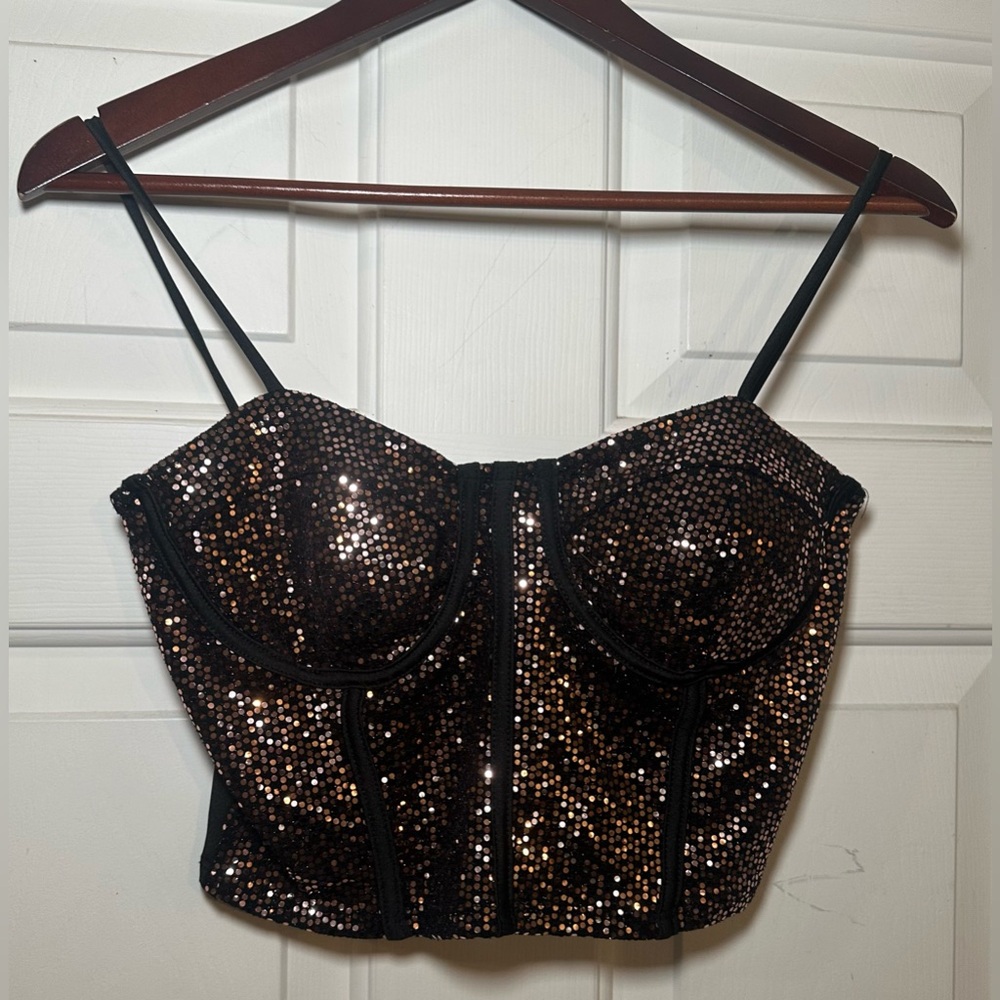 Julia By Love J Black Sequin Glitter Cami Crop Tank Top Size Medium.‎